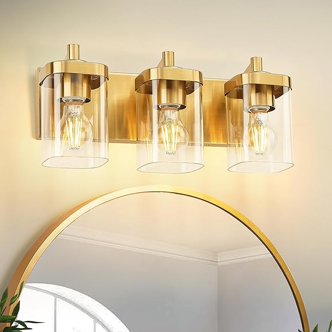 METWET Bathroom Light Fixtures Over Mirror, 3-Light Brushed Gold Vanity Light