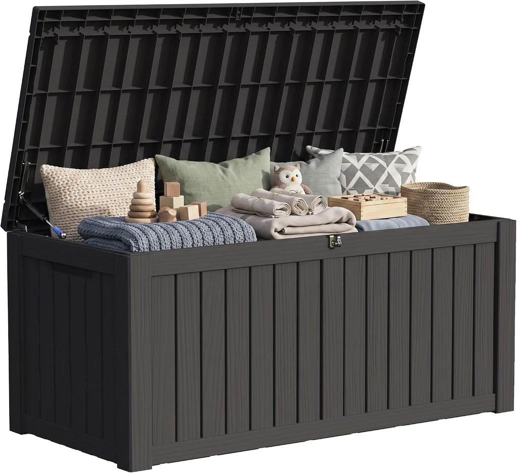 150 Gallon Resin Large Deck Box Organization and Storage Box for Patio, Outdoor Cushions, Garden Tools, Black | Hydraulic Pistons, Resin, Weatherproof