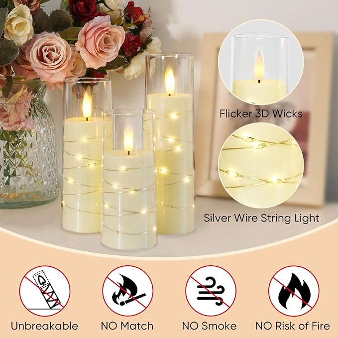 Raycare Flameless Candle with Remote Timer, 7 Flickering Acrylic Battery Operated LED Pillar Candles with Embedded Star String for Halloween, Home Decor, and as a Gift(Ivory) (7 Pack)