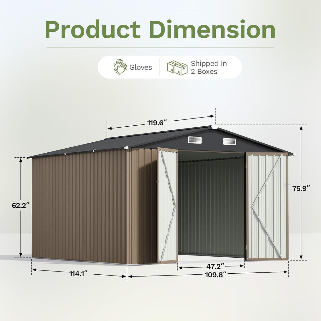 patiowell 10x10 ft storage shed, outdoor metal sheds shown in use
