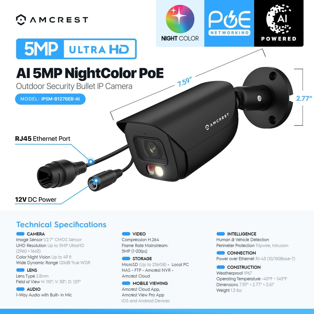 amcrest 5mp ip poe ai camera w/ 49ft, front angle view