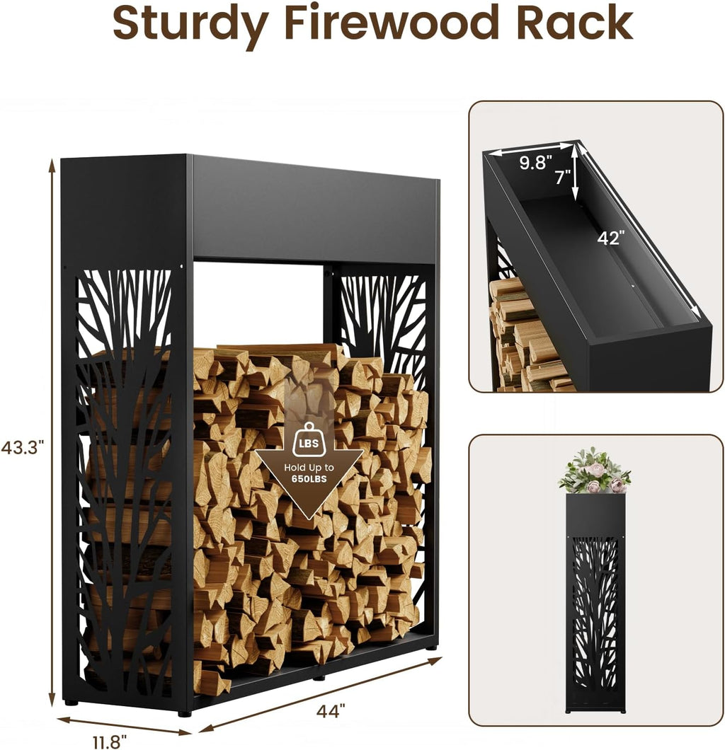 4ft firewood rack outdoor, fire wood log storage, close-up detail