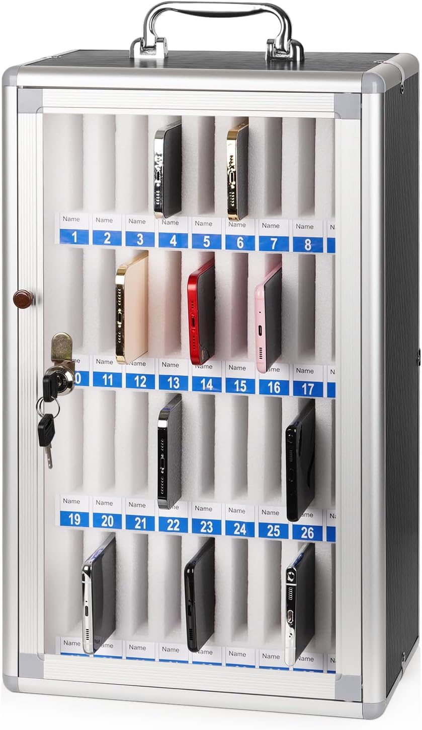 36 slots aluminum alloy cell phone locker, phone shown in use