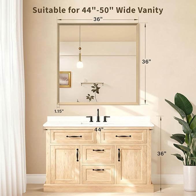 Oak Wood Effect Framed Wall Mirror, 36x36 Rectangle Mirror, Anti-desilvering