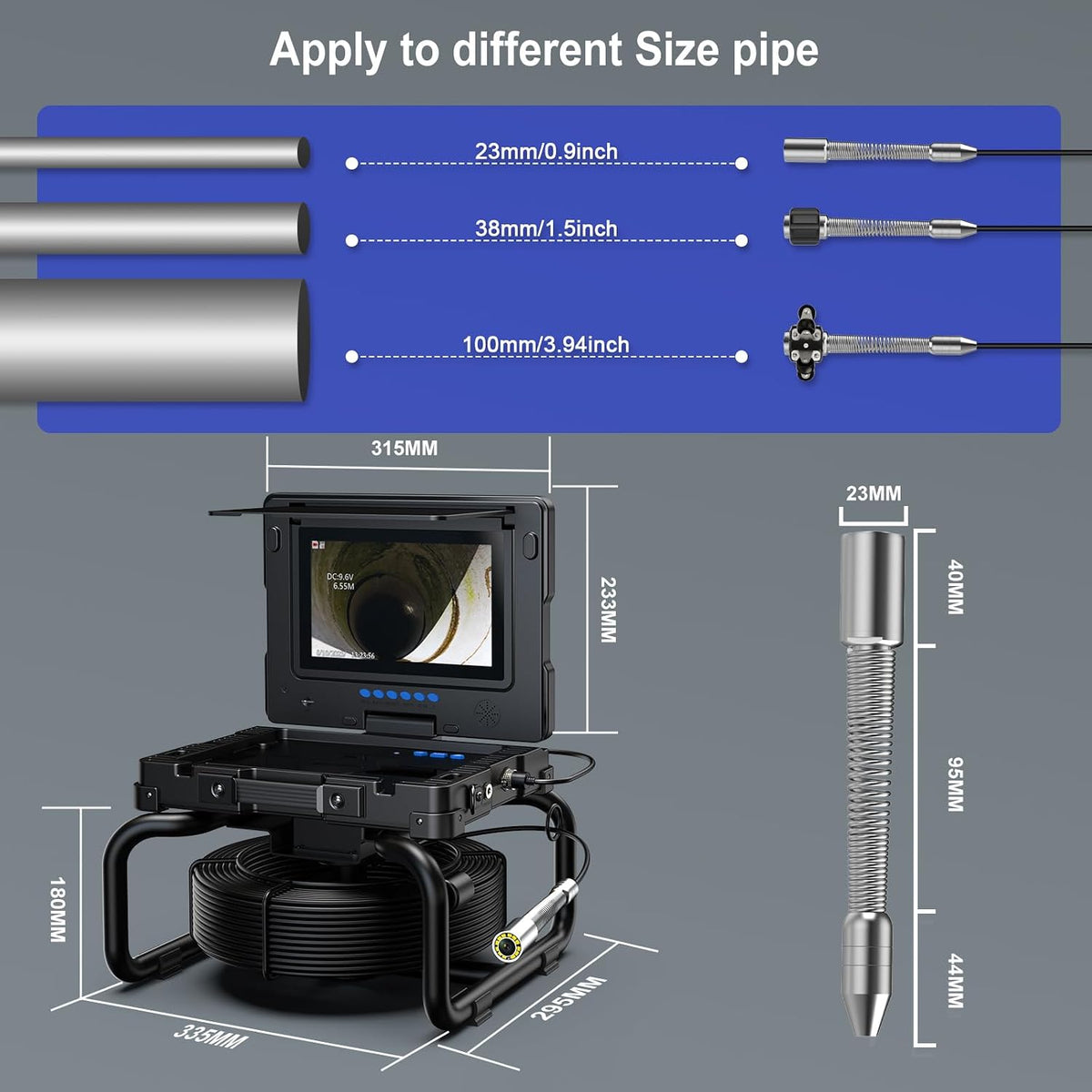 sewer camera with self-leveling dvr, 100ft snake, 9", front angle view