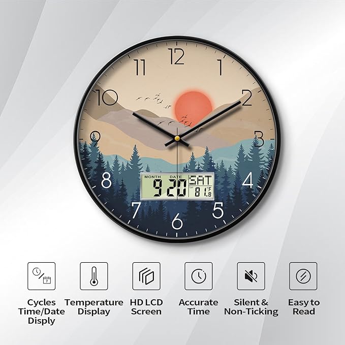 Silent Wall Clock with Day Week Temperature Wilderness with Sunset Non-ticking