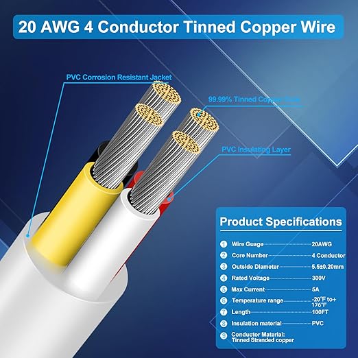 20 Gauge 4 Conductor Electrical Wire, 100FT Low Voltage 20/4 Tinned Copper