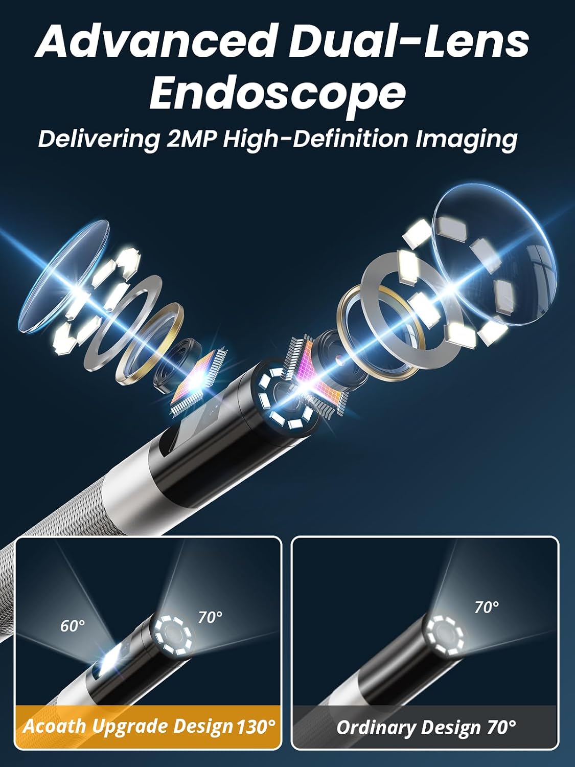 acoath two-way articulating borescope, endoscope camera with light, close-up detail