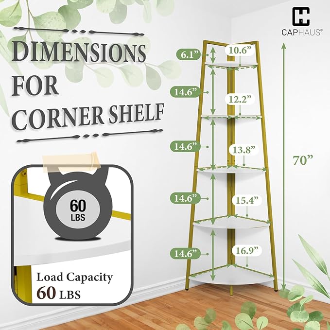 CAPHAUS Tall Corner Shelf Stand, 5-Tier Display Shelves, Ladder Corner Wood