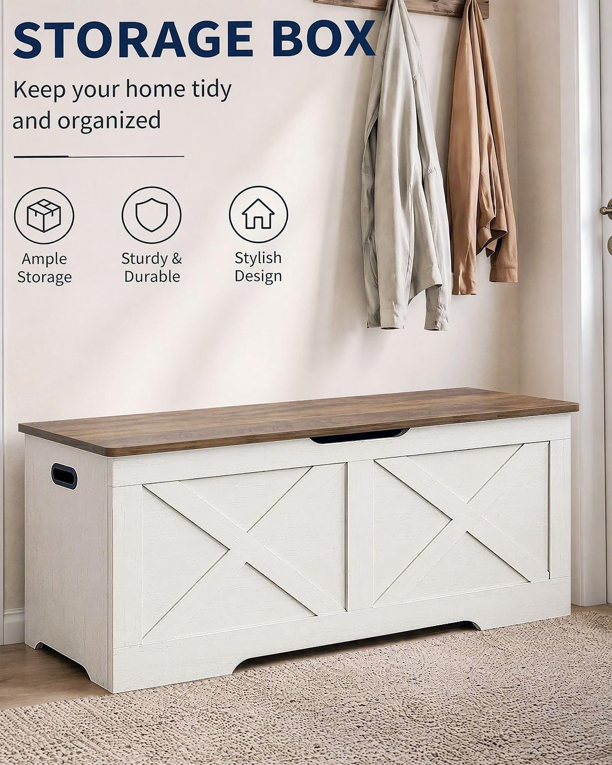 timberer 47.2" storage chest, wooden storage bench, entryway, side view