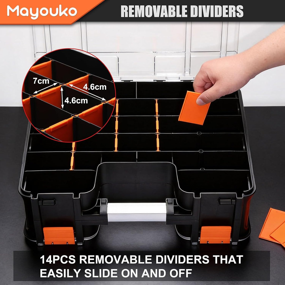 Mayouko Double Side Tool Box with Transparent Lid, 8 Movable Small Trays & Removable Dividers, Multi-Function Small Parts Organizer, for Hardware, Screws, Bricks, Nails, Jewelry and Fishing Tackle