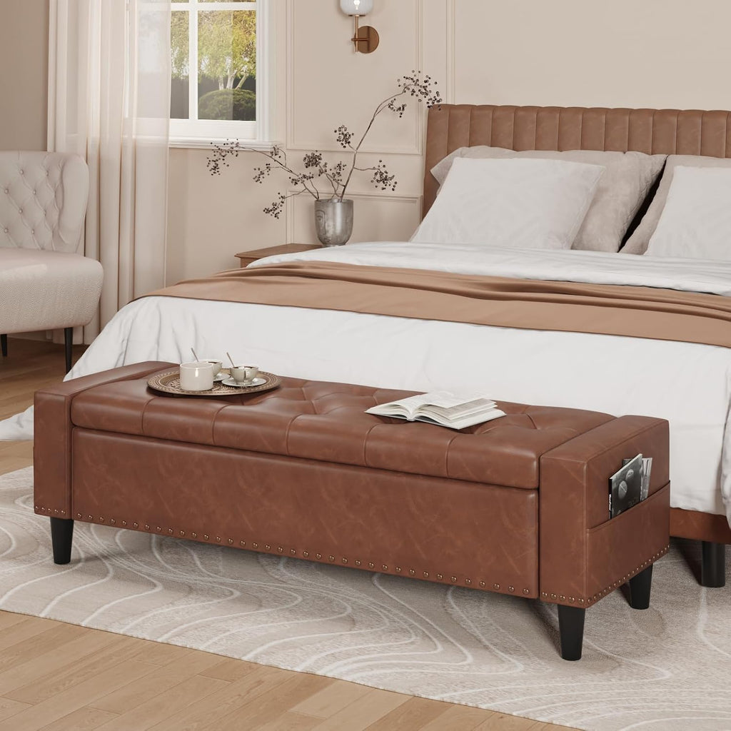 60" Storage Ottoman Bench, Faux Leather Upholstered Bed Bench, Brown