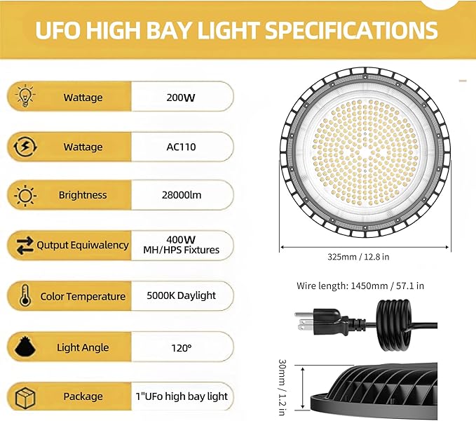 SOUTHLEVY 2 Pack UFO 200W LED High Bay Light, 5 ft Cable