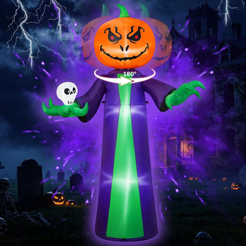 Halloween Inflatables 8FT Giant Pumpkin Monster with 180° Rotating Head &...