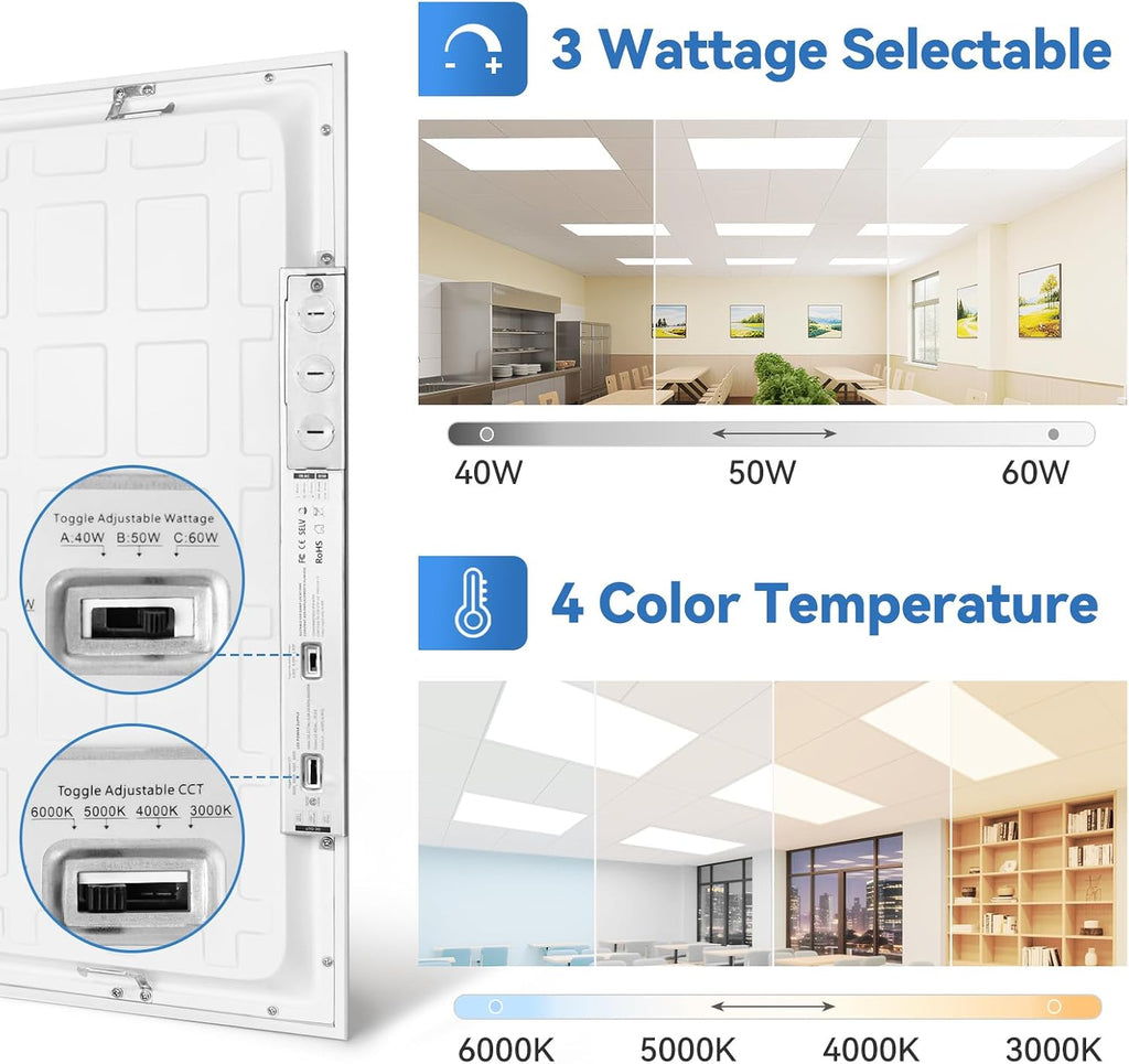 CycevSun 2x4 LED Drop Ceiling Flat Panel Light, 40/50/60W Selectable 6-Pack
