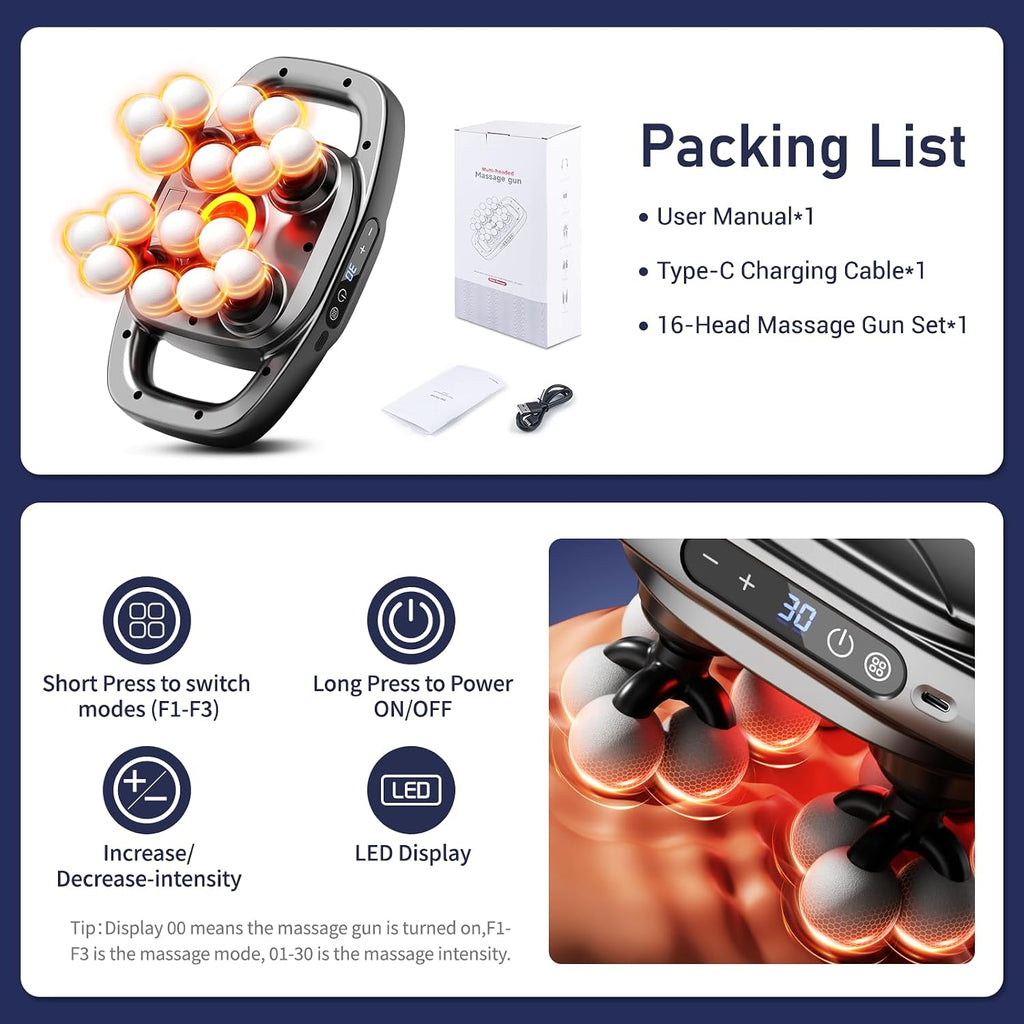 16 Head Massage Gun Deep Tissue, Handheld Back Massagers, Quiet Multi 16 Head Massage Gun for Shoulders, Neck, Legs, Portable Muscle Gun, Pain Relief, 3 Modes & 30 Intensities- Gifts for Men Women