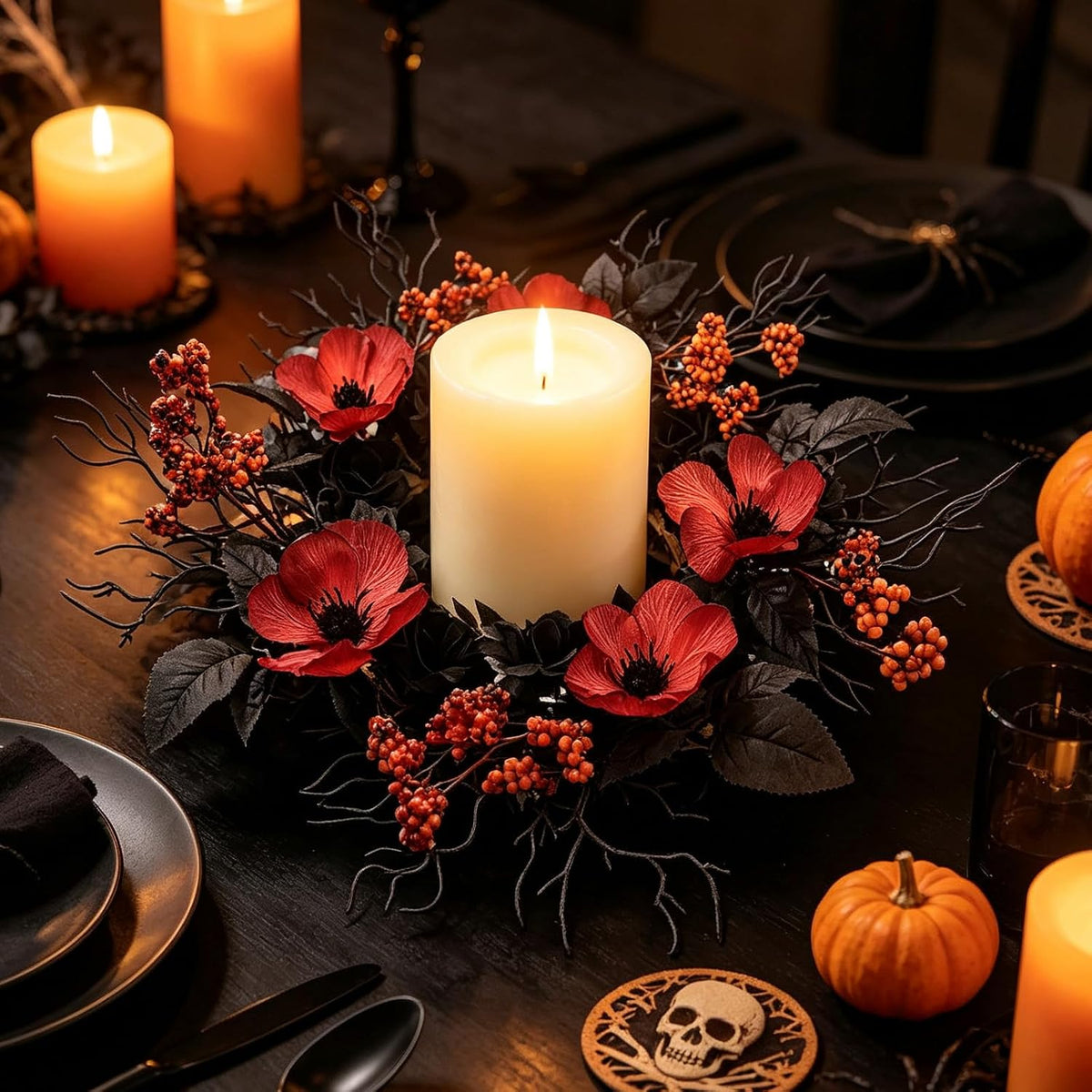 TEMPUS Halloween Wreath Set, 18 Inch, Black Rose and Poppy Berry, Handmade, for Front Door, Mantel, Window, Indoor Fall Decor, 2 Pack