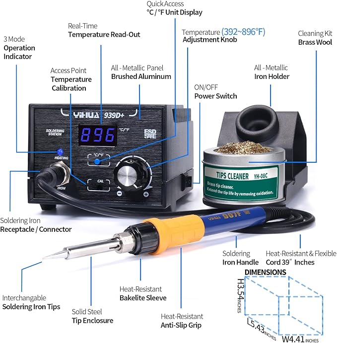 YIHUA 939D+ Digital Soldering Station, 75 Watt Equivalent