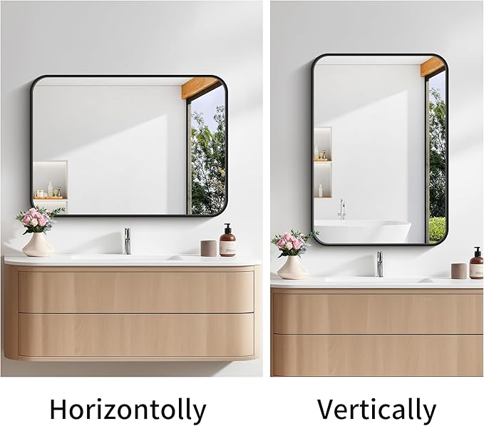 Bathroom Mirror, 18 x 24 inch Metal Framed Black Rectangle Mirror, Rounded