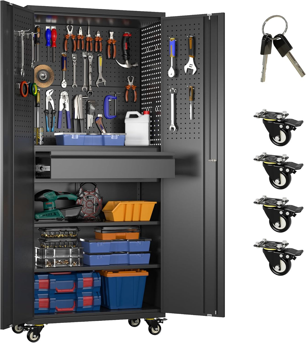 Reemoon 71" Metal Garage Cabinet with Wheels, Drawer and Pegboard