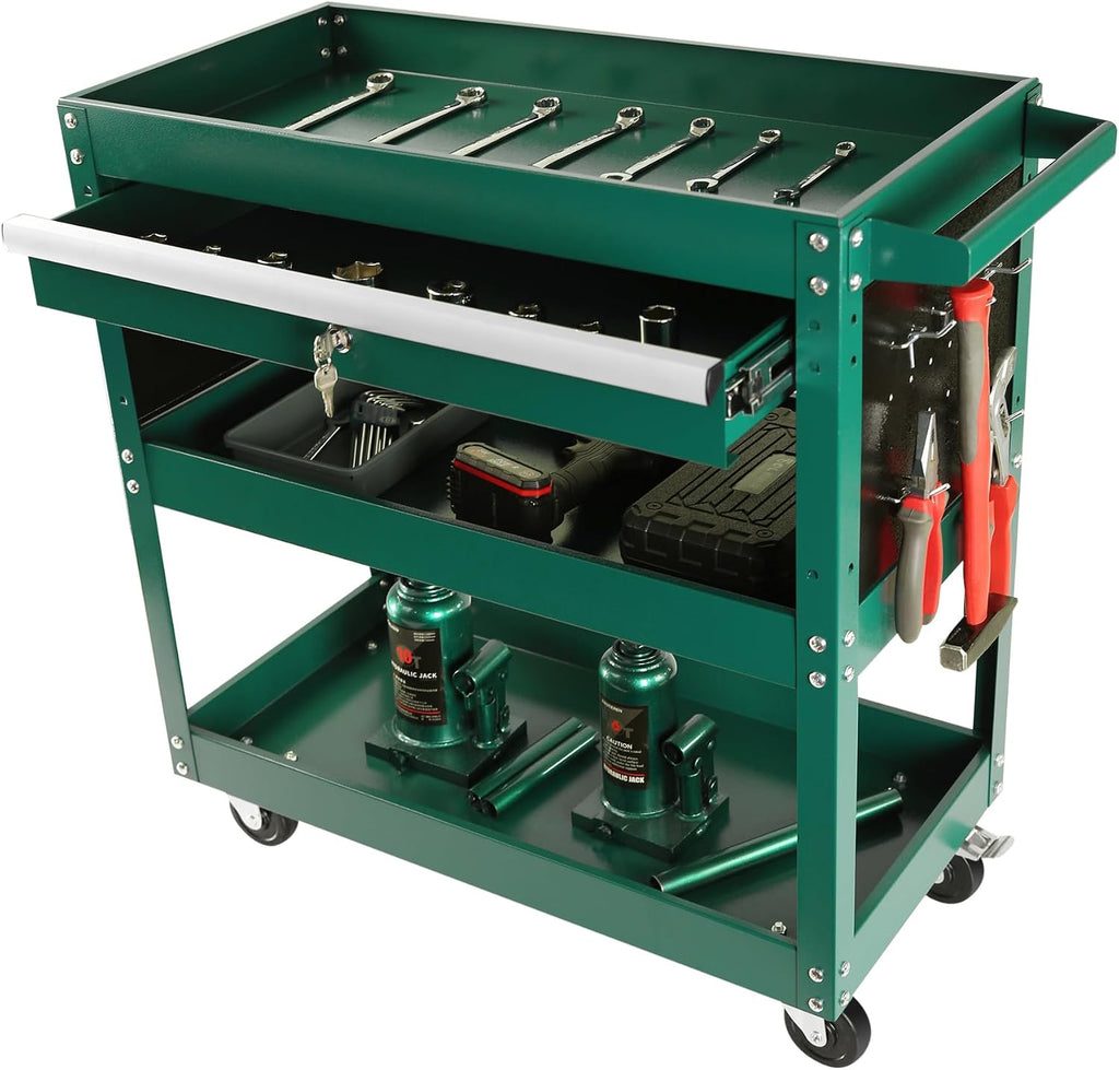 Tool Chest with Wheels, 3-Tier Rolling Tool Box with 1 Drawer & Hooks, Heavy Duty Utility Industrial Service Cart with Locking System Drawer for Garage, Warehouse & Repair Shop,Green