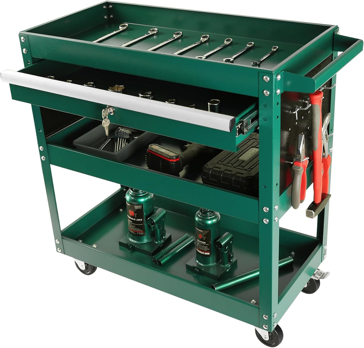 Tool Chest with Wheels, 3-Tier Rolling Tool Box with 1 Drawer & Hooks, Heavy Duty Utility Industrial Service Cart with Locking System Drawer for Garage, Warehouse & Repair Shop,Green