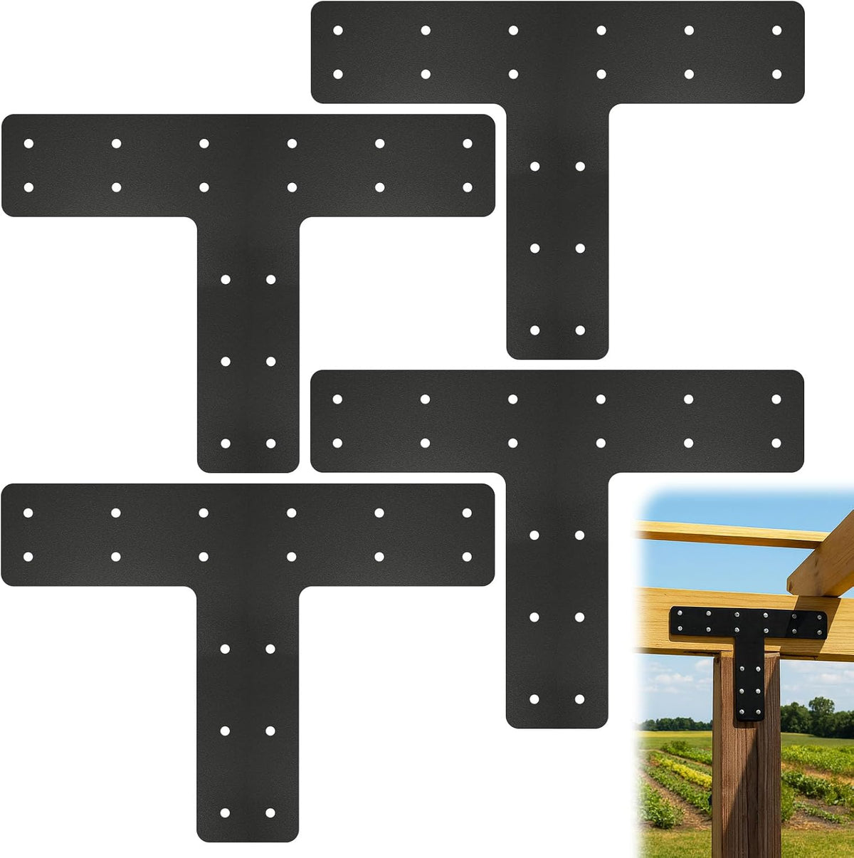 4 Pack T Post Timber Frame Brackets, 14"x10" T Flat Mending Plate