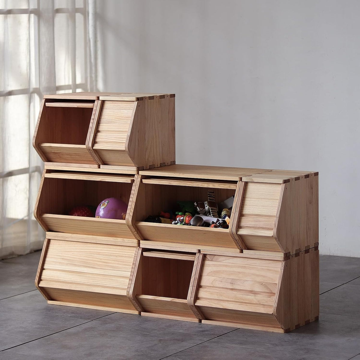 stackable solid wood storage chests, modular bins with showing dimensions