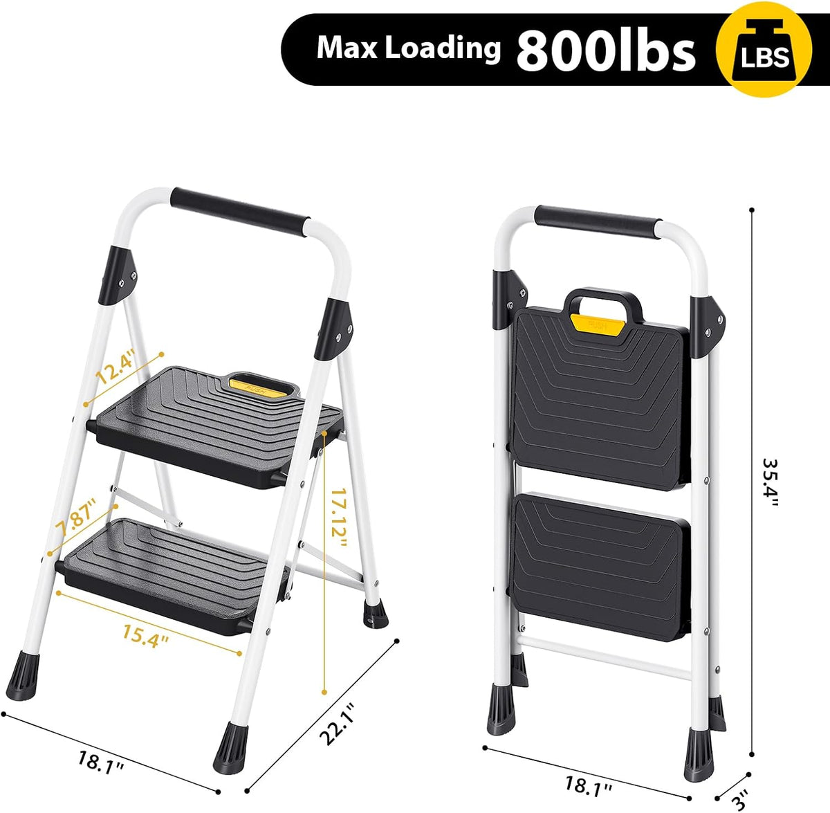 TOOLF 2 Step Ladder, Folding Portable Ladder with Anti-Slip Pedals, White