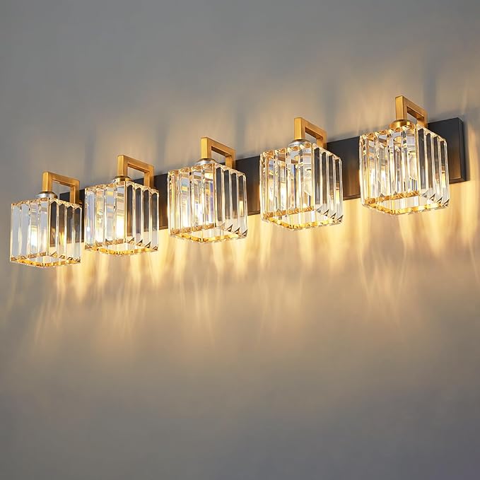 FDPBY Modern Bathroom Vanity Light 5-Lights Black Gold Crystal Wall Lamp