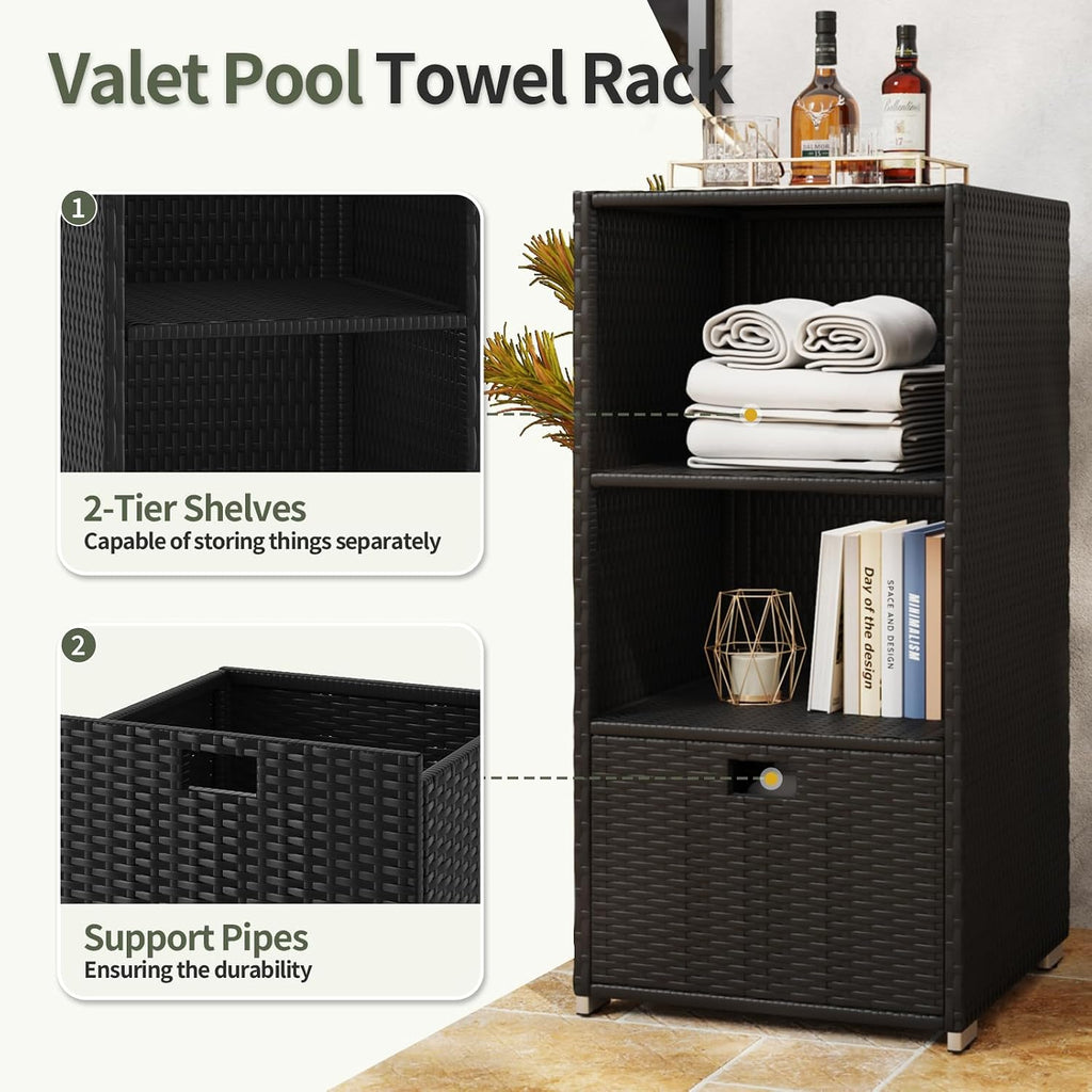 Aoxun Outdoor Towel Cabinet, Pool Accessory Storage Organizer, Freestanding Waterproof PE Rattan Wicker Shelf, 2 Layer with 1 Bottom Drawer for Pool, Patio, Outdoor, Indoor, Black