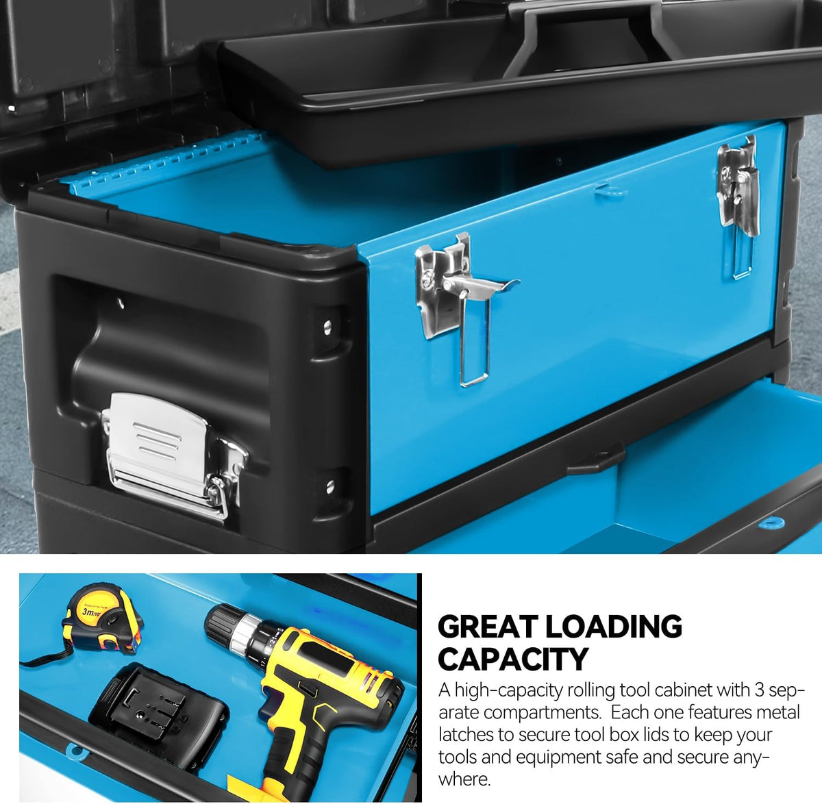 auto dynasty 3-tier rolling trolley tool box stackable, close-up detail