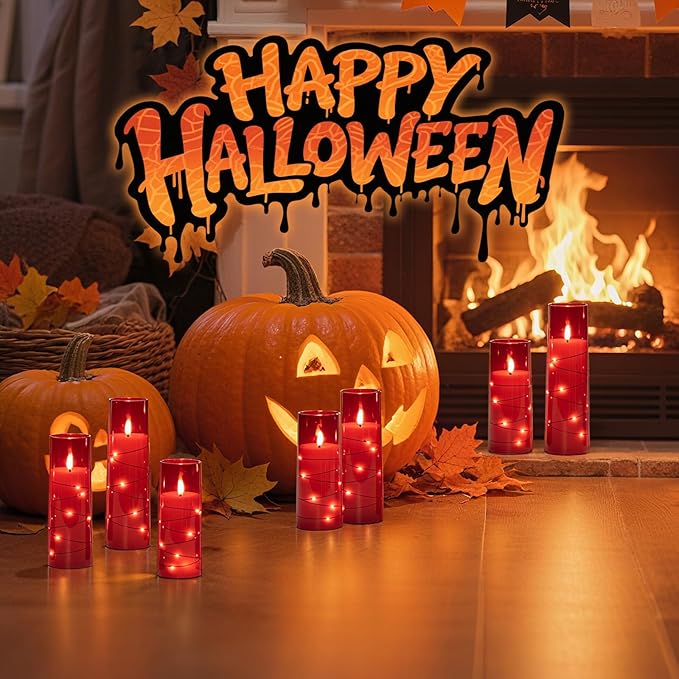 Raycare Flameless Candle with Remote Timer – 9 Flickering Acrylic Battery Operated LED Pillar Candles with Embedded Star String for Halloween, Home Decor, and as a Gift (Red) (9 Pcs)