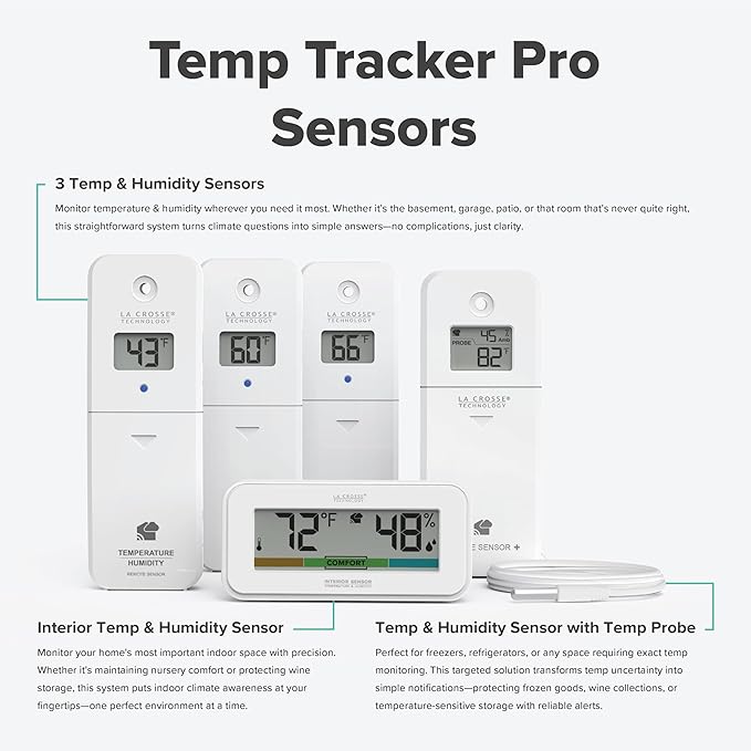 Temp Tracker Pro Wi-Fi Alert System: Bridge Gateway, 3 in/Out Temp. and Humidity