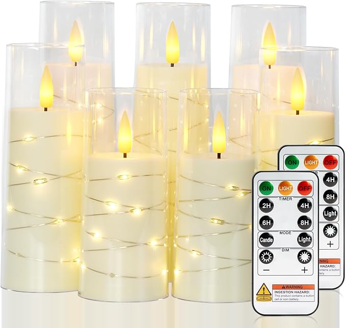 Raycare Flameless Candle with Remote Timer, 7 Flickering Acrylic Battery Operated LED Pillar Candles with Embedded Star String for Halloween, Home Decor, and as a Gift(Ivory) (7 Pack)
