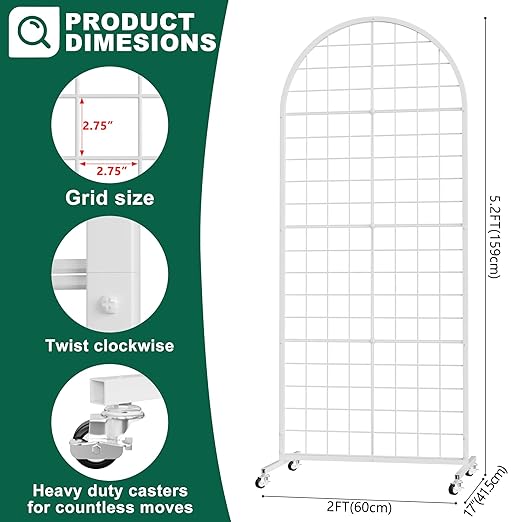 Asee'm Grid Wall Panels Display Stand 2' x 5.2' FT White Movable Wire Grid Wall