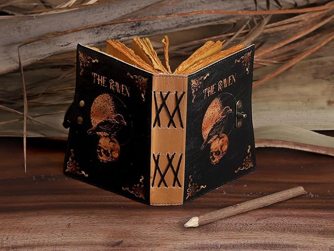 Leather Gothic Journal Magical Raven Skull Spiral Notebook Mystery Crow Journal Grimoire Witchcraft Spellwork Journal Great for Halloween and Raven Lovers Aesthetic Leather Journal for Men and Women (10 x 7 inches)