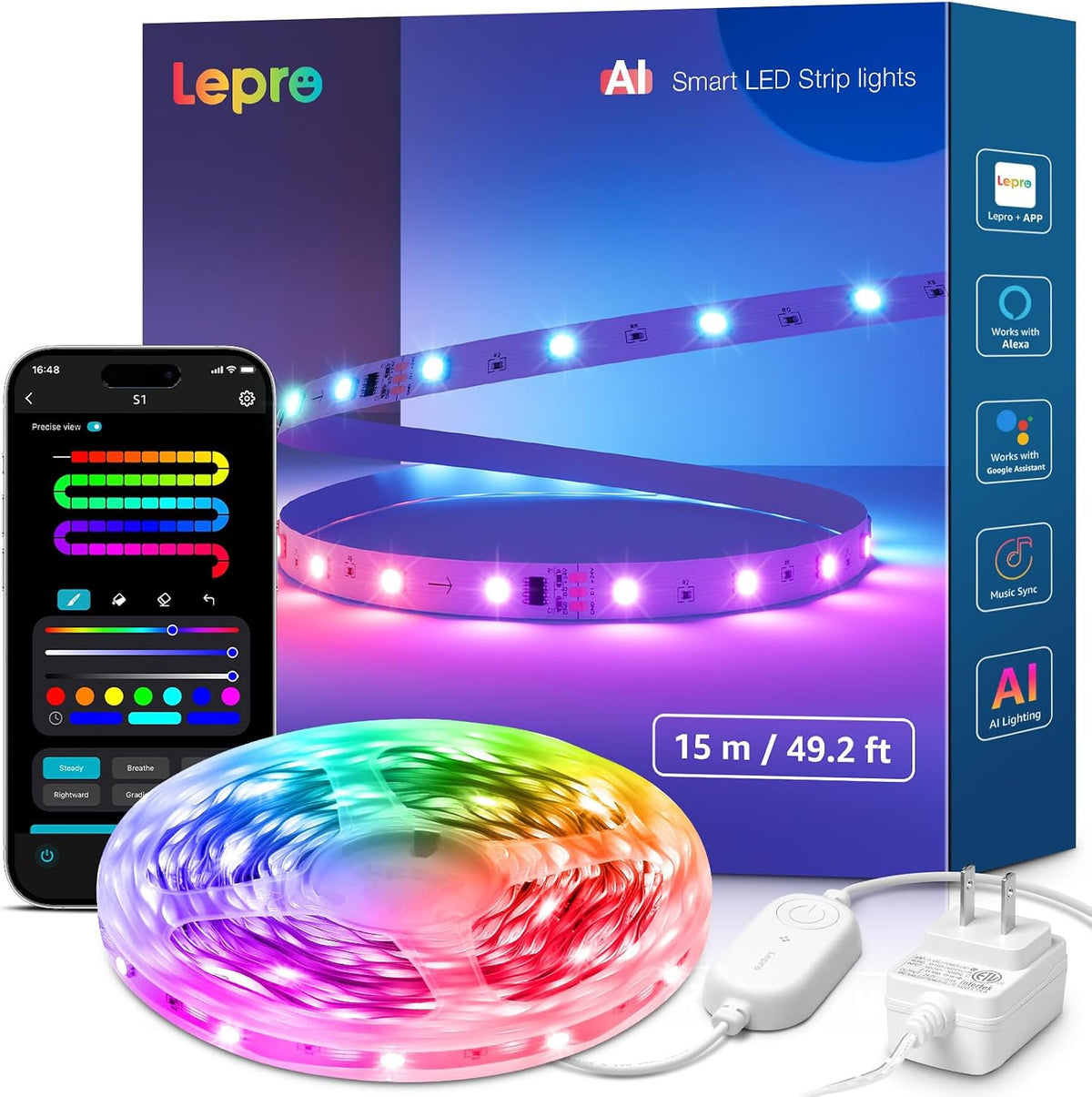 Lepro S1 AI LED Strip Lights for Bedroom - 50ft Smart RGB Light Strips