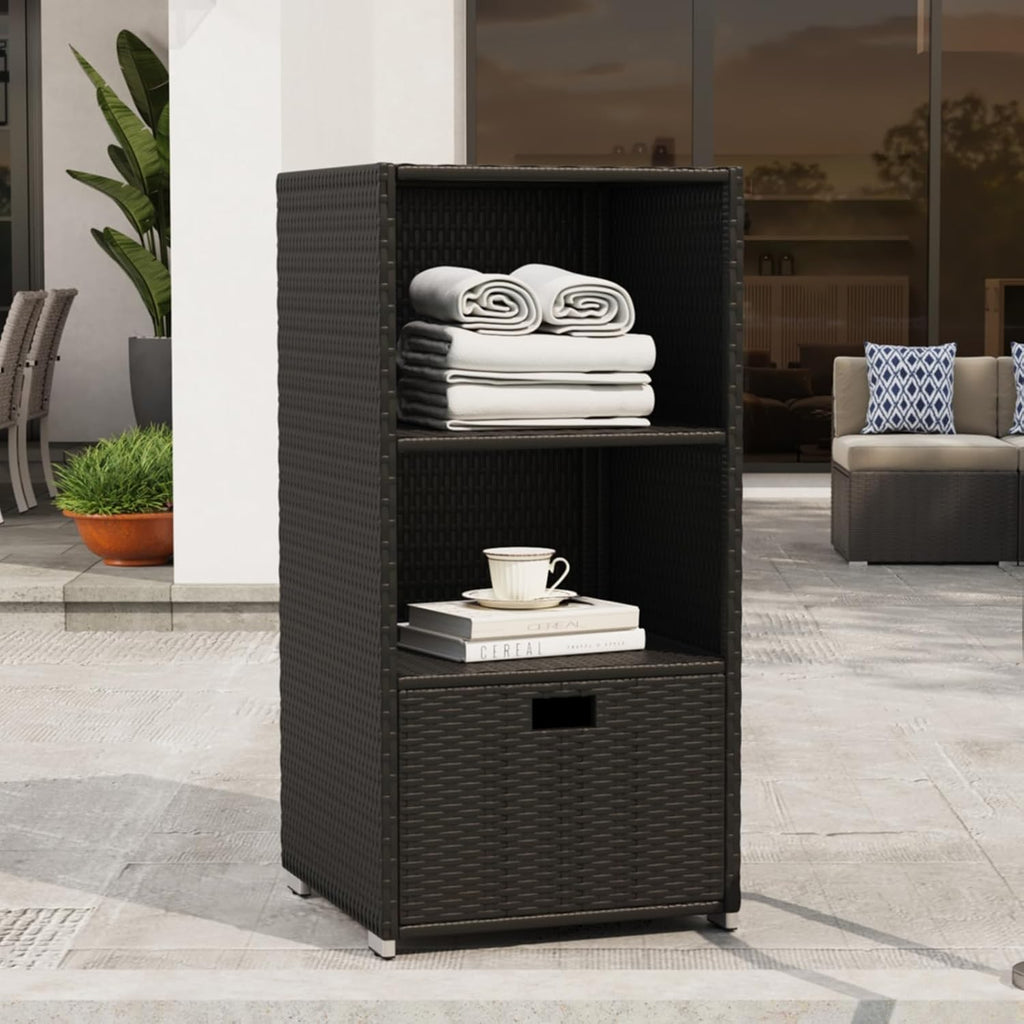 Aoxun Outdoor Towel Cabinet, Pool Accessory Storage Organizer, Freestanding Waterproof PE Rattan Wicker Shelf, 2 Layer with 1 Bottom Drawer for Pool, Patio, Outdoor, Indoor, Black