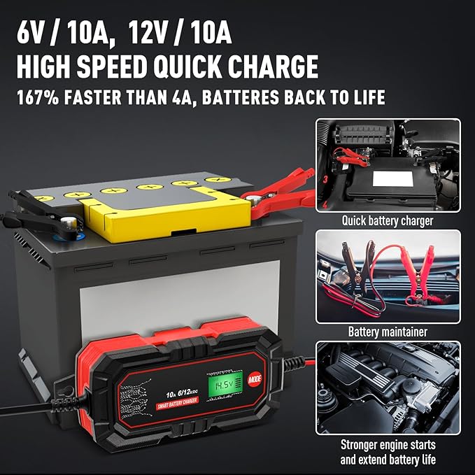 Sailnovo 10A Car Battery Charger, 6V and 12V Car Trickle Charger, 10-Stages