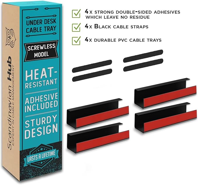 No-Screw Under Desk Cable Management Tray (4-Pack)
