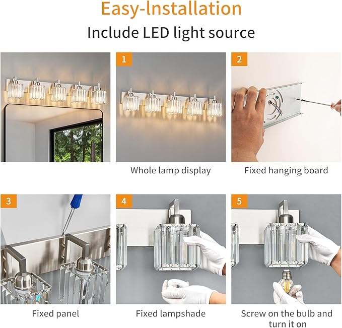 FDPBY Modern Bathroom Vanity Light 5-Lights Brushed Nickel Vanity Light Crystal