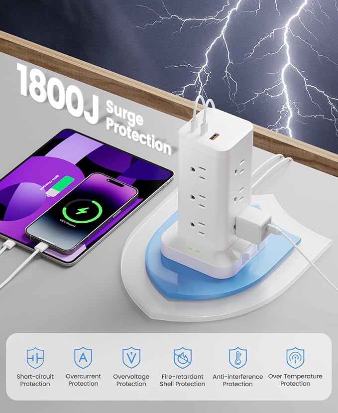 Power Strip Tower with Surge Protector 1800J, Fast Charging Tower PD20W USB-C