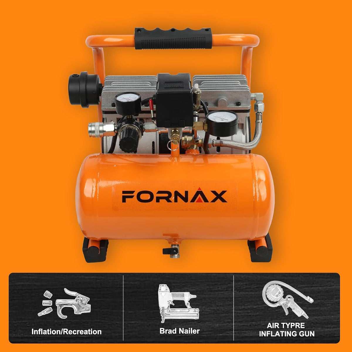 FORNAX Ultra Quiet Air Compressor, 1.3Gallon, 1HP, 65dB Silent Oil-Free Portable Compressor, 125 PSI Max, 120V, for Tire Inflation, Nail Gun, Garage, Bike, Pneumatic Tools