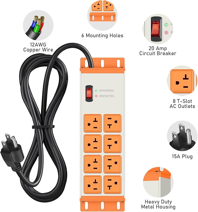 JUNNUJ Heavy Duty 20 Amp Surge Protector 4800J, Garage Metal 8 Outlets 12 Gauge