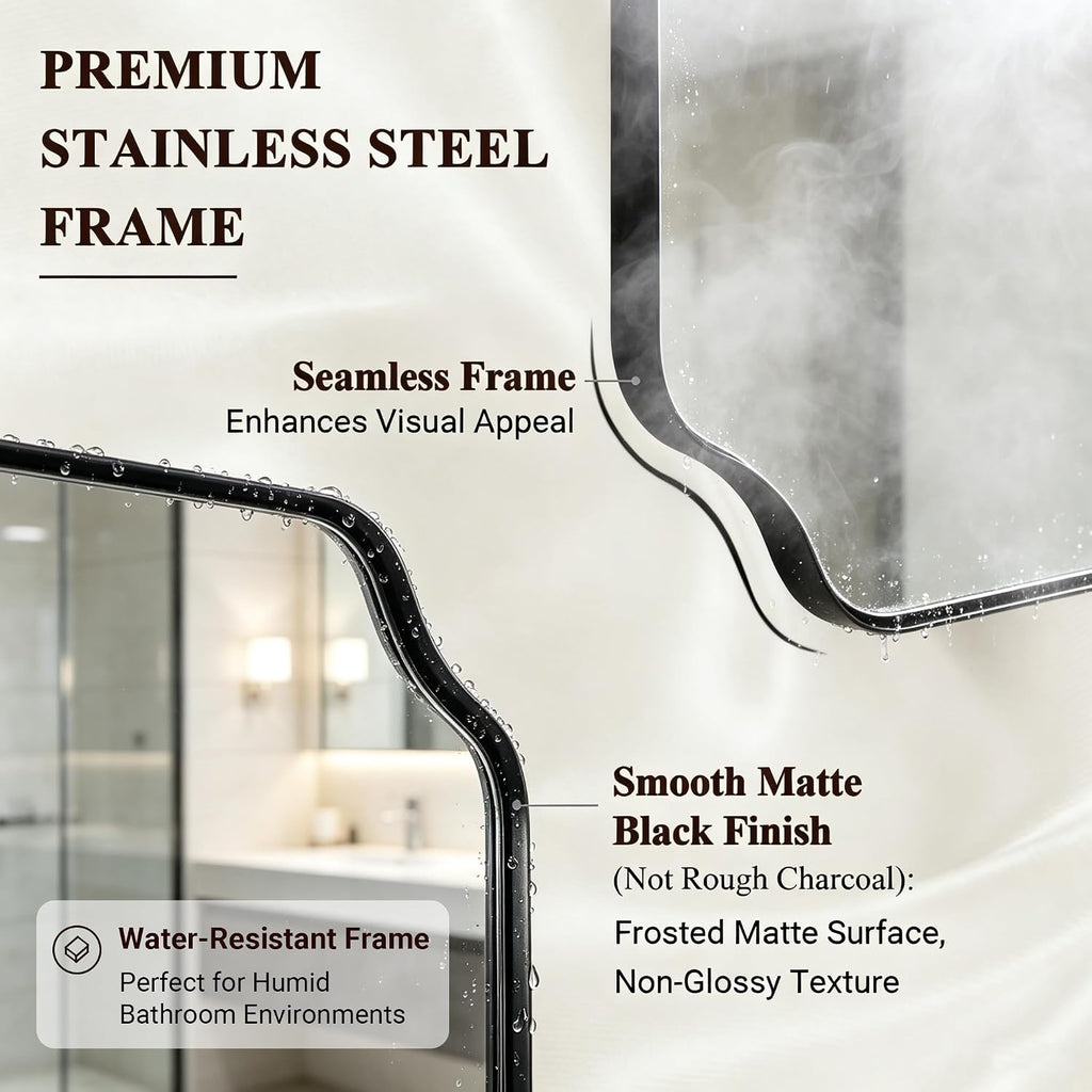 ANDY STAR 24x24 Inch Square Mirror, Matte Black Vanity Mirror, Modern Scalloped Bathroom Mirror in Premium Stainless Steel Thin Frame, Unique Rounded Notched Corners