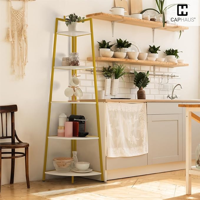 CAPHAUS Tall Corner Shelf Stand, 5-Tier Display Shelves, Ladder Corner Wood