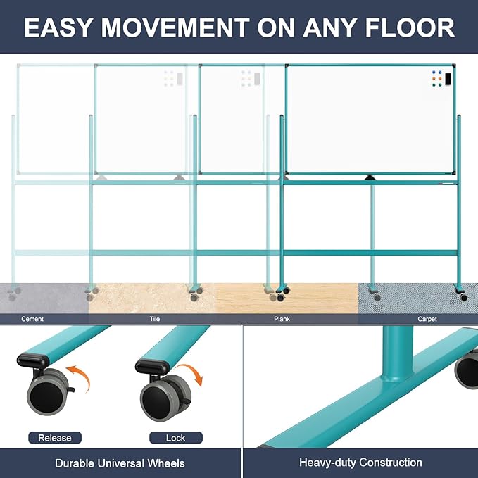 Mobile Whiteboard on Wheels, 48x32 Inches Rolling Whiteboard, Magnetic Dry
