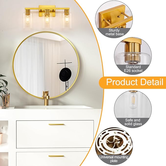 SOPEAS Gold 3-Light Bathroom Vanity Light, Modern Brushed Gold Vanity Lights