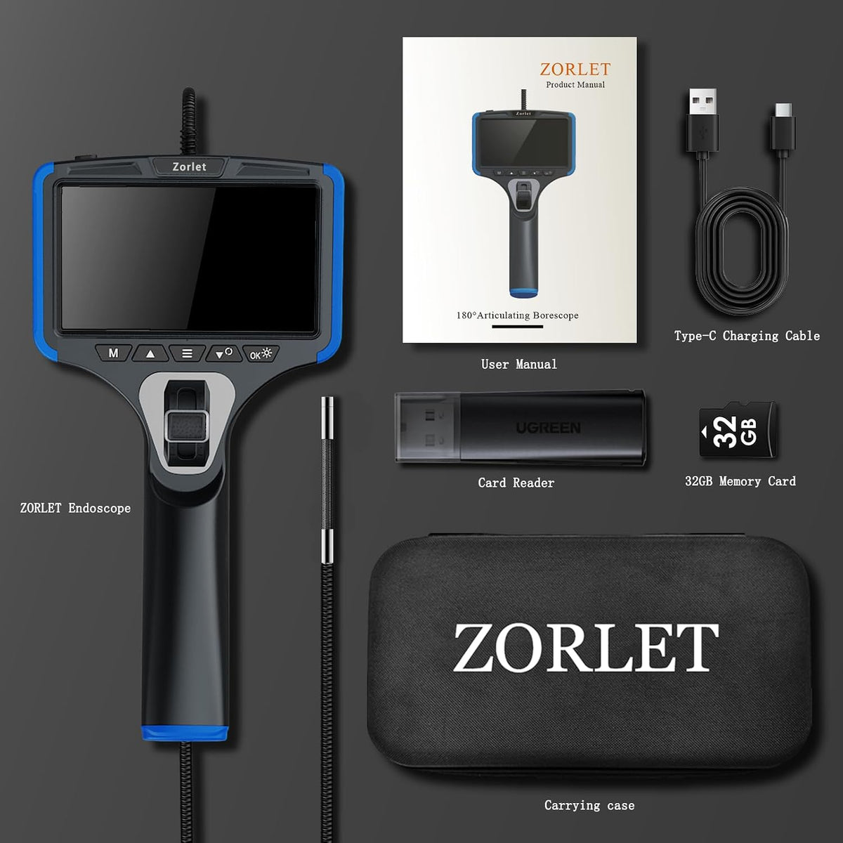 2-way articulating borescope, 0.25in/6.3mm probe, 5" screen, 5ft, view 9